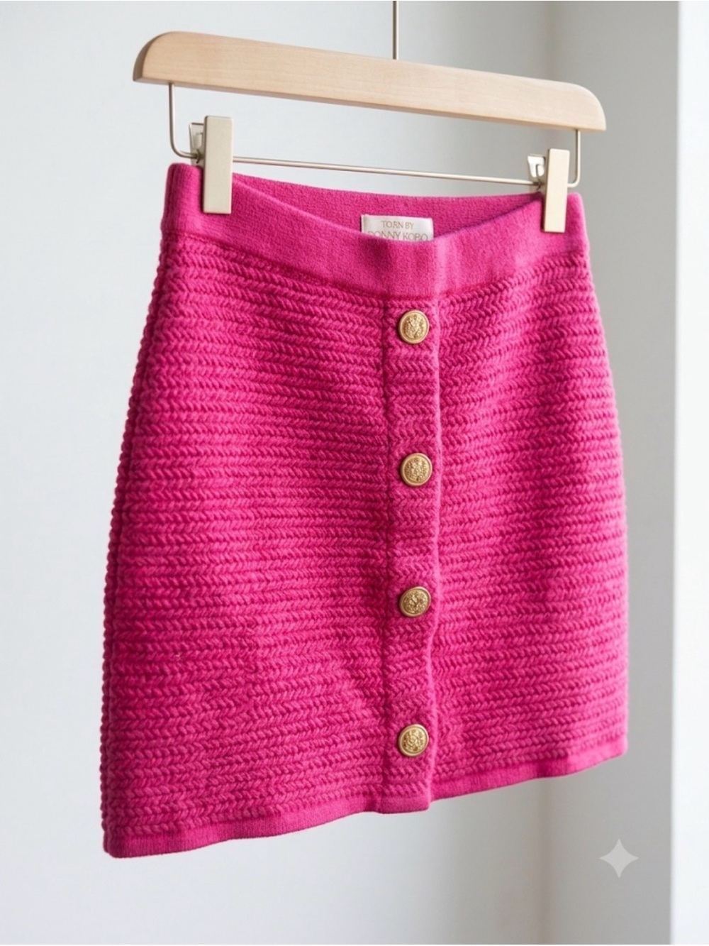 Torn by Ronny Kobo Hot Pink Knit Button Front Mini Skirt Gold Crest Medallion S